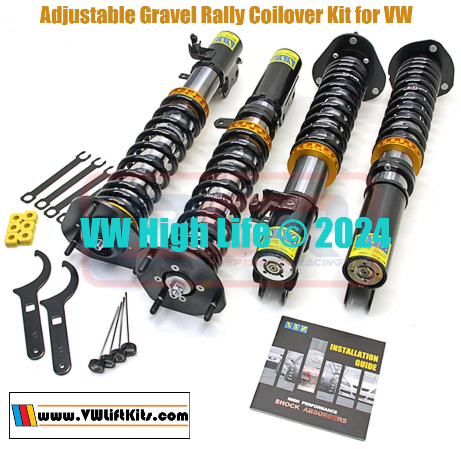 Coilover Suspension with 55mm piston with adjustable 30-way dampening settings. Available for VW Golf MK1, 2, and 3. Jetta MK2 and MK3. Vento 1991-98.
